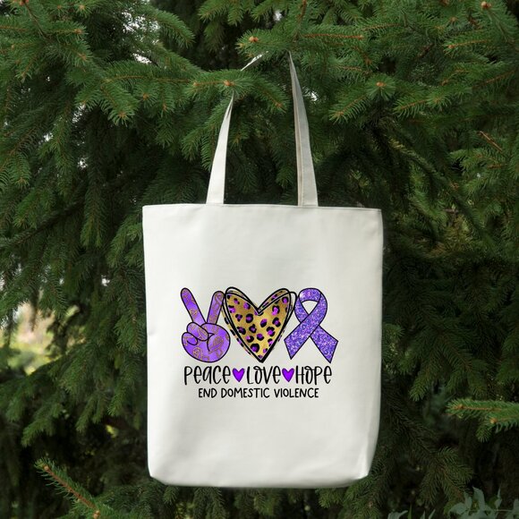 Woman's Peace Love Domestic Violence Purple Gold Heavy Canvas Cotton Tote Bag - Picture 1 of 3